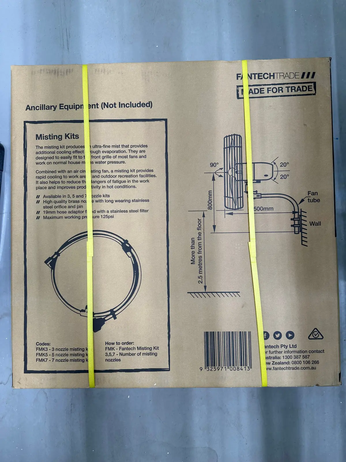 Fantech Trade fan packaging and mounting diagram