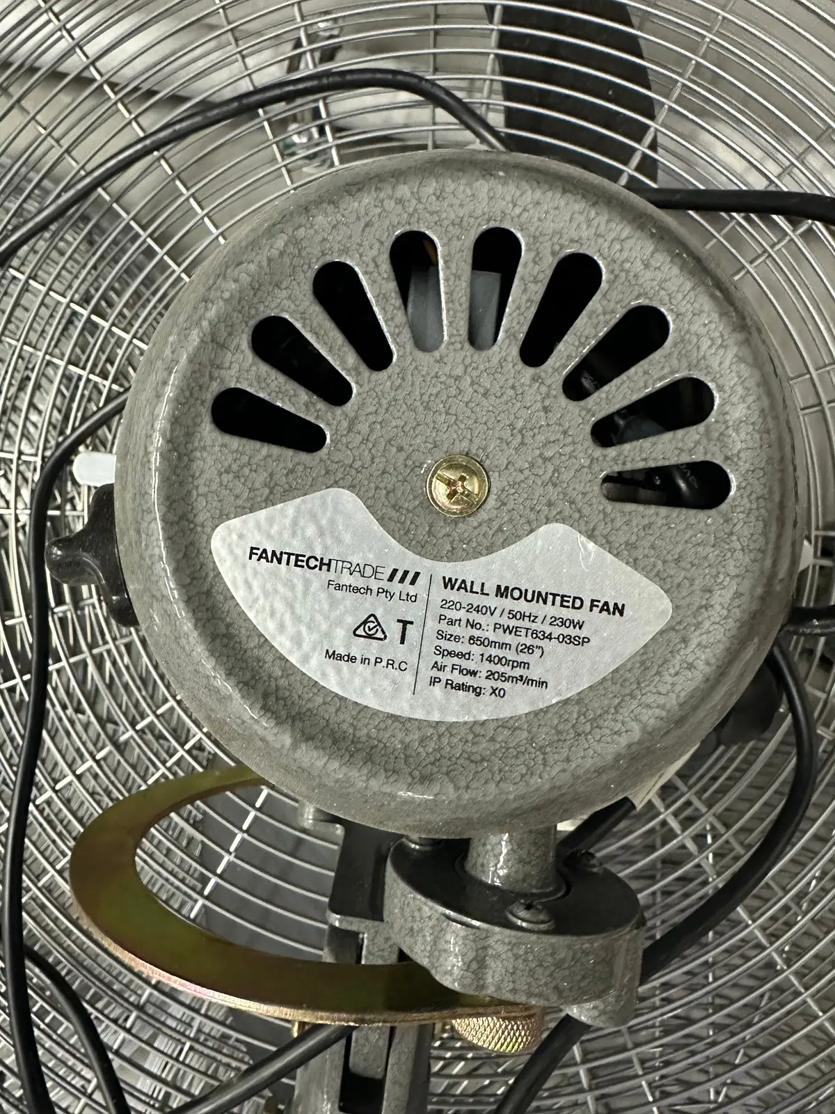 Fantech wall mounted fan motor and specification label